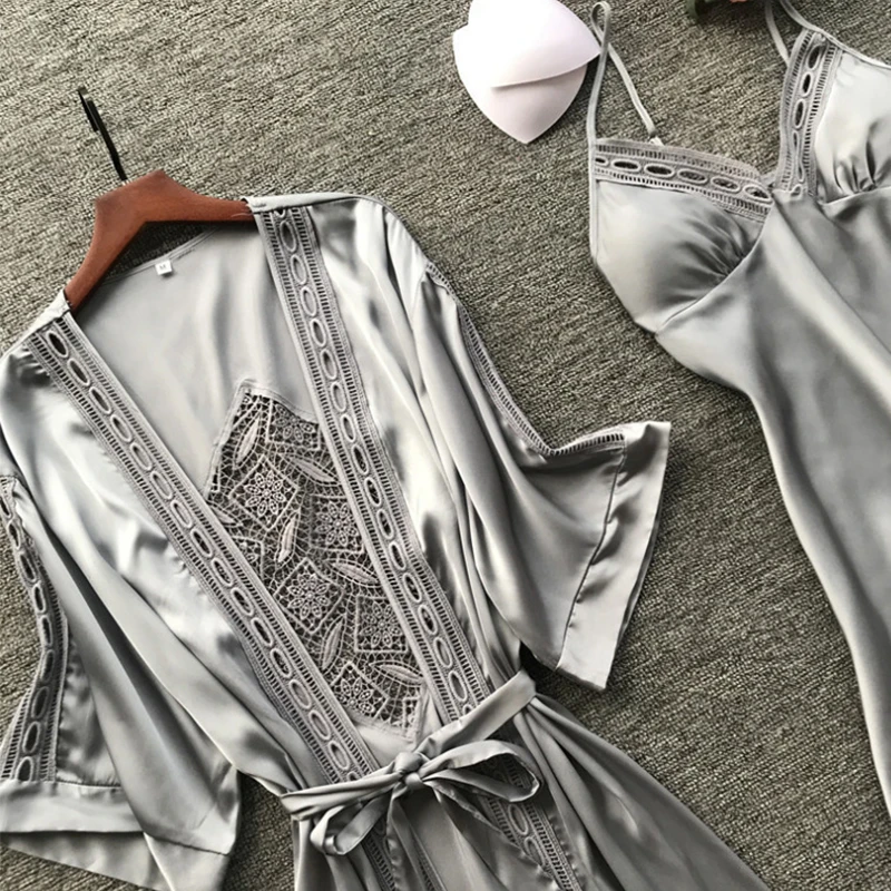 

2 Pieces Sets Sexy Nightwear Erotic Silk Satin Sleepwear Nightgown Summer Bath Robes Bathrobe Lounge Wear Pijamas Night Dress