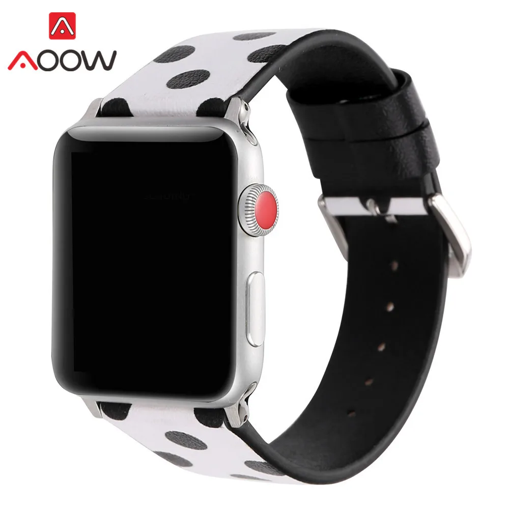 Кожаный ремешок для часов Apple Watch 40 мм 44 мм 38 мм 42 мм черный белый розовый узор в горошек браслет ремешок для iWatch 1 2 3 4