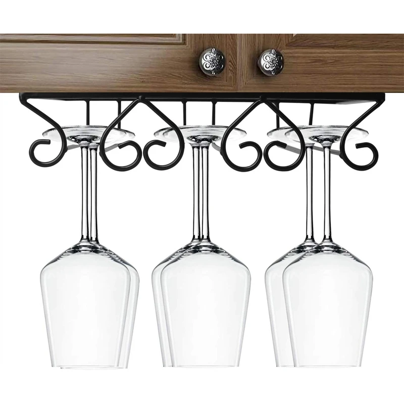 

Black Wine Glass Rack Holder Metal Under Cabinet Stemware Wine Glasses Storage Hanger Organizer for Bar Kitchen