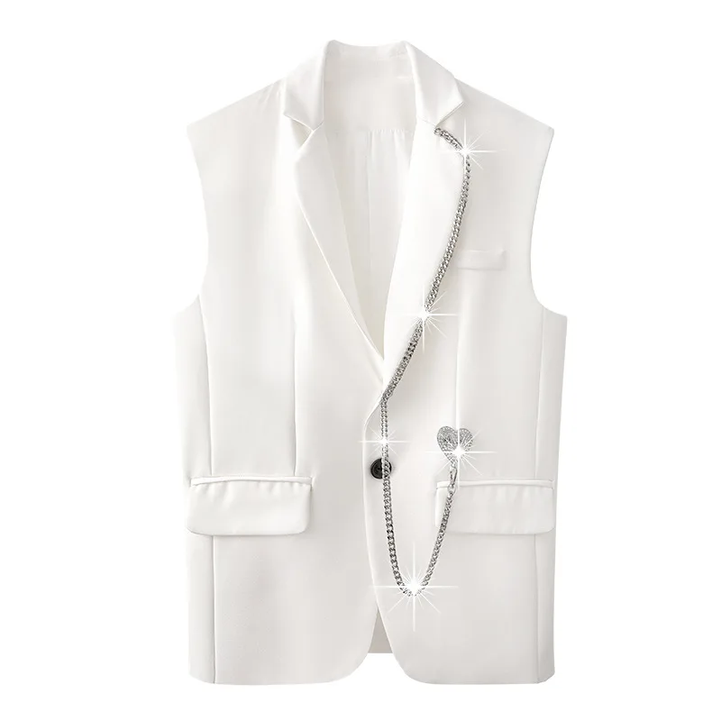 

SuperAen Sleeveless New Design Solid White Chain Office Lady Notched Single Breasted Suit Coat Woman Jacket