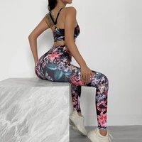 2021 Fashion Women Set 2 Piece flowers Seamless Sport Suit Gym Clothes Fitness Crop Top Shirt High Waist Sportswear