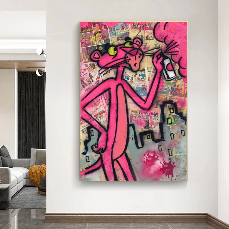 

Graffiti Art Pink Panther Canvas Painting Colourful Posters and Prints Wall Art Pictures for Living Room Home Decoration Cuadros