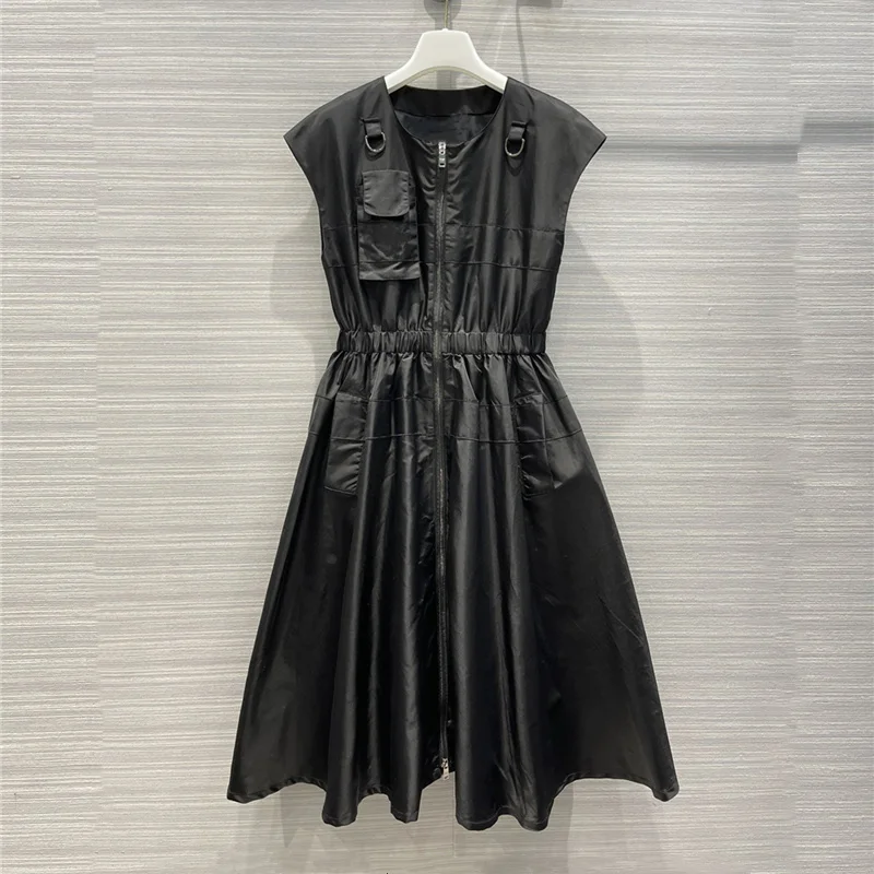 

Женское нейлоновое Платье До Колена, черное платье без рукавов с регулируемой талией, повседневная женская одежда