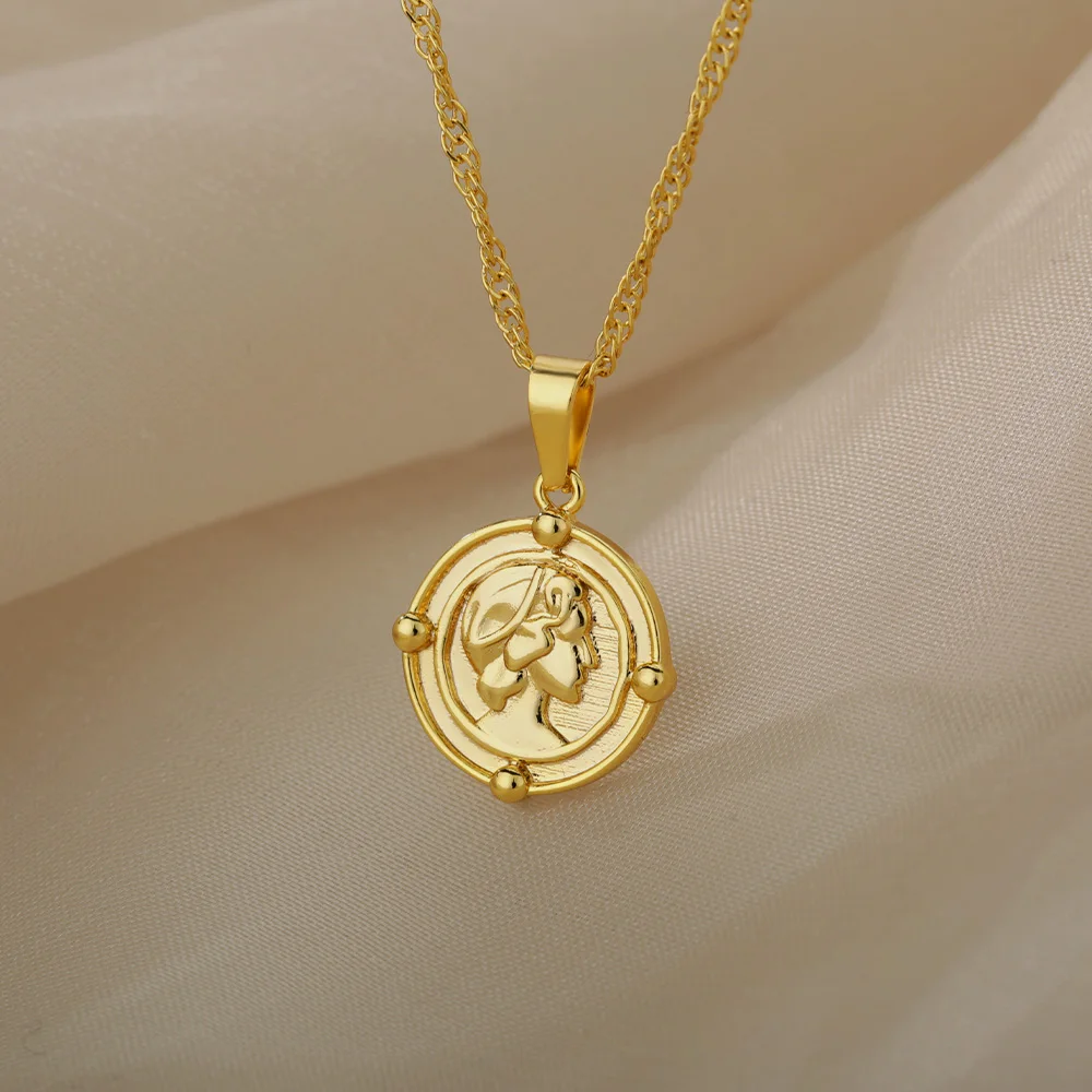 

Round Vintage Portrait Coin Pendant Necklace For Women Stainless Steel Gold Human Face Pendant Charm Choker Necklace Jewelry BFF
