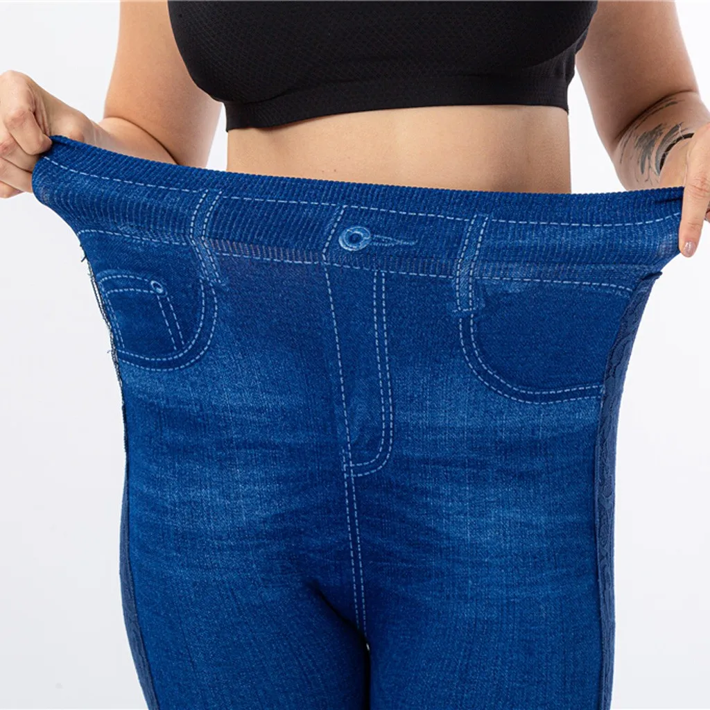 

Casual gym leggings women Imitation denim solid color beaded high stretch slim slim cropped trousers plus size