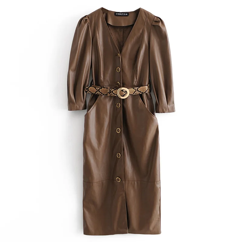 Платье с v-образным вырезом коричневое модное поясом на талии для женщин