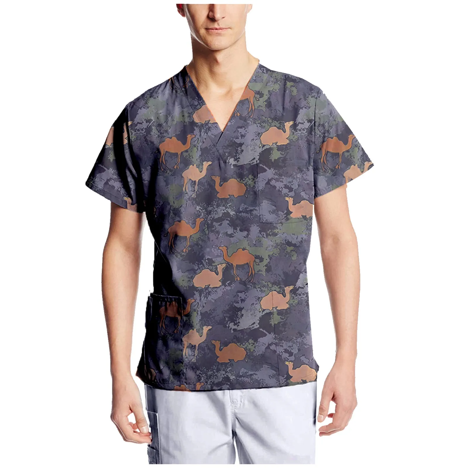 Men Short Sleeve V-neck Tops Nursing Working Uniform T-shirts With Pockets Camouflage print Polyester Nursing Working Uniform carol hagland working with adults with asperger syndrome