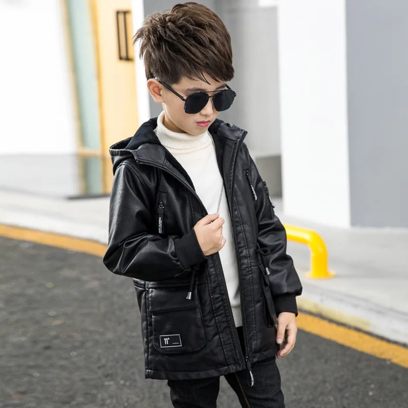 8812 black Новые детские кожаные куртки зимние Утепленные кожаные куртки для мальчиков детские длинные бархатные пальто с капюшоном - Цвет: 8812 black