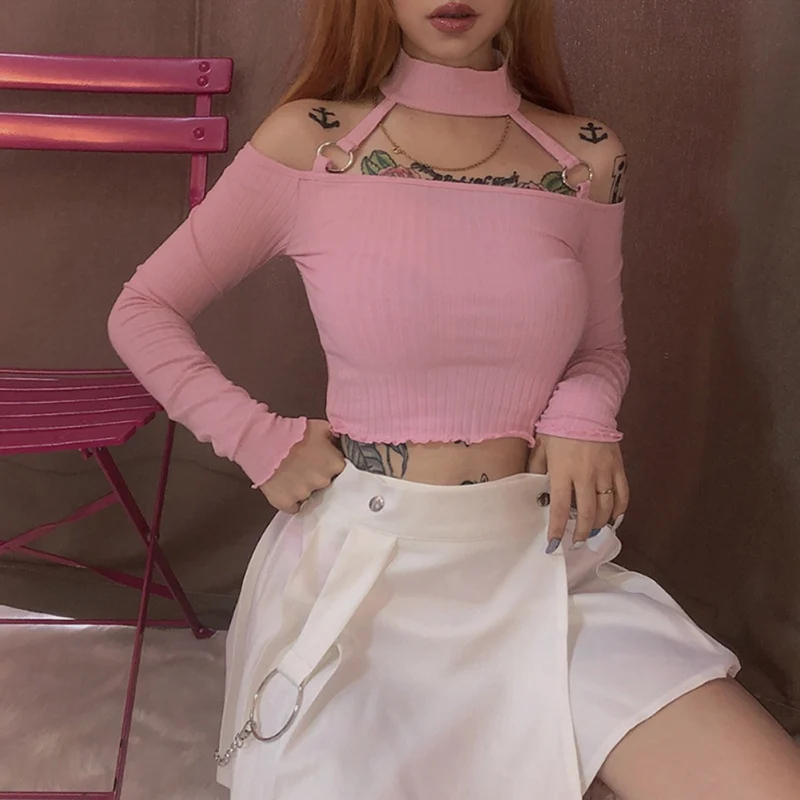 Топы с открытыми плечами хлопковые трикотажные тонкие пуловеры оборками