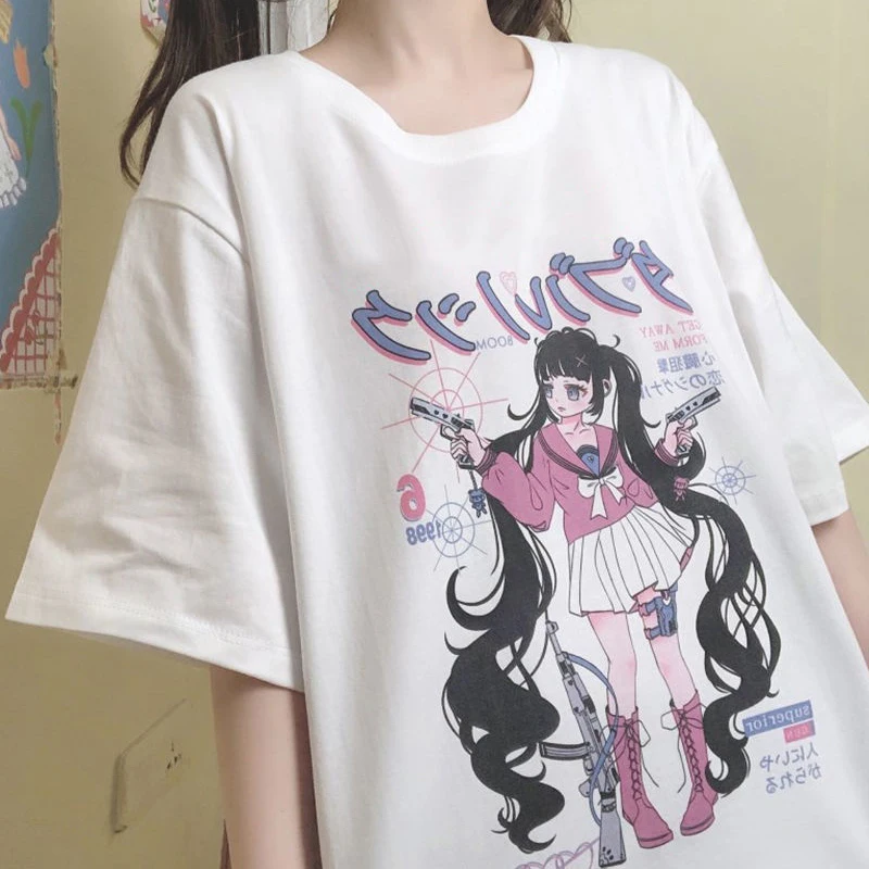 

Sweet Punk T-shirt Y2k Women Summer 2021 Korean Ins Japanese Harajuku Style Hot Anime Print Loose Student Short Sleeve Shirt