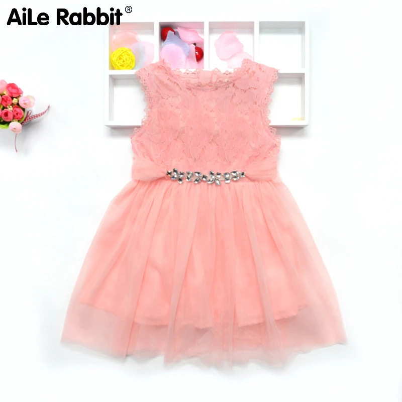 

Girls Lace Dress Sleeveless Princess Dress Belt Bright Drill Children's Clothes Pink Grey K1