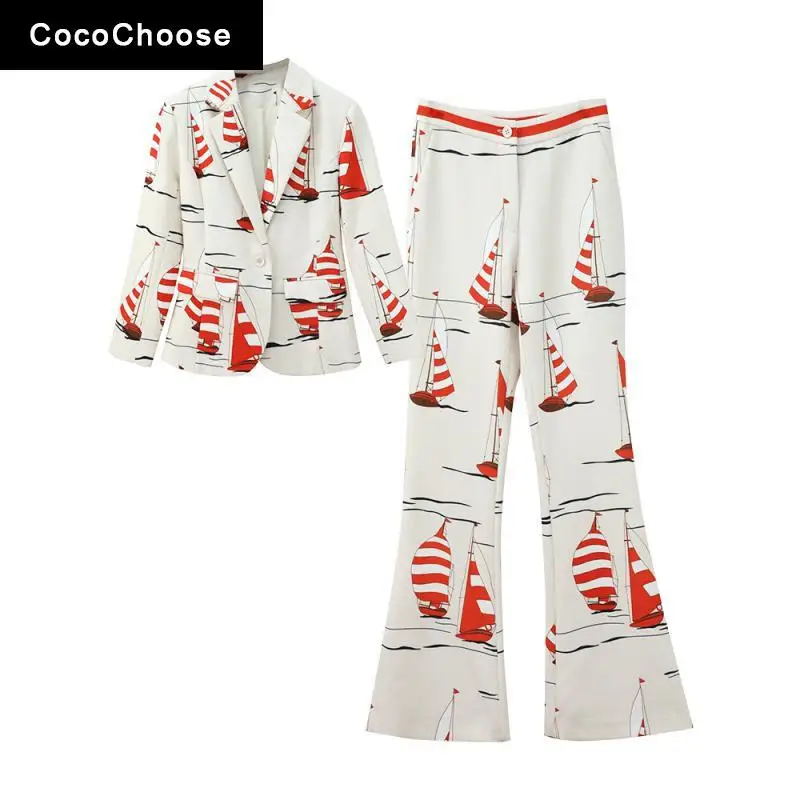 

Роскошные Дизайнерские брючные костюмы весна 2022, модные женские костюмы с блейзером с принтом лодочкой и длинными расклешенными брюками, к...