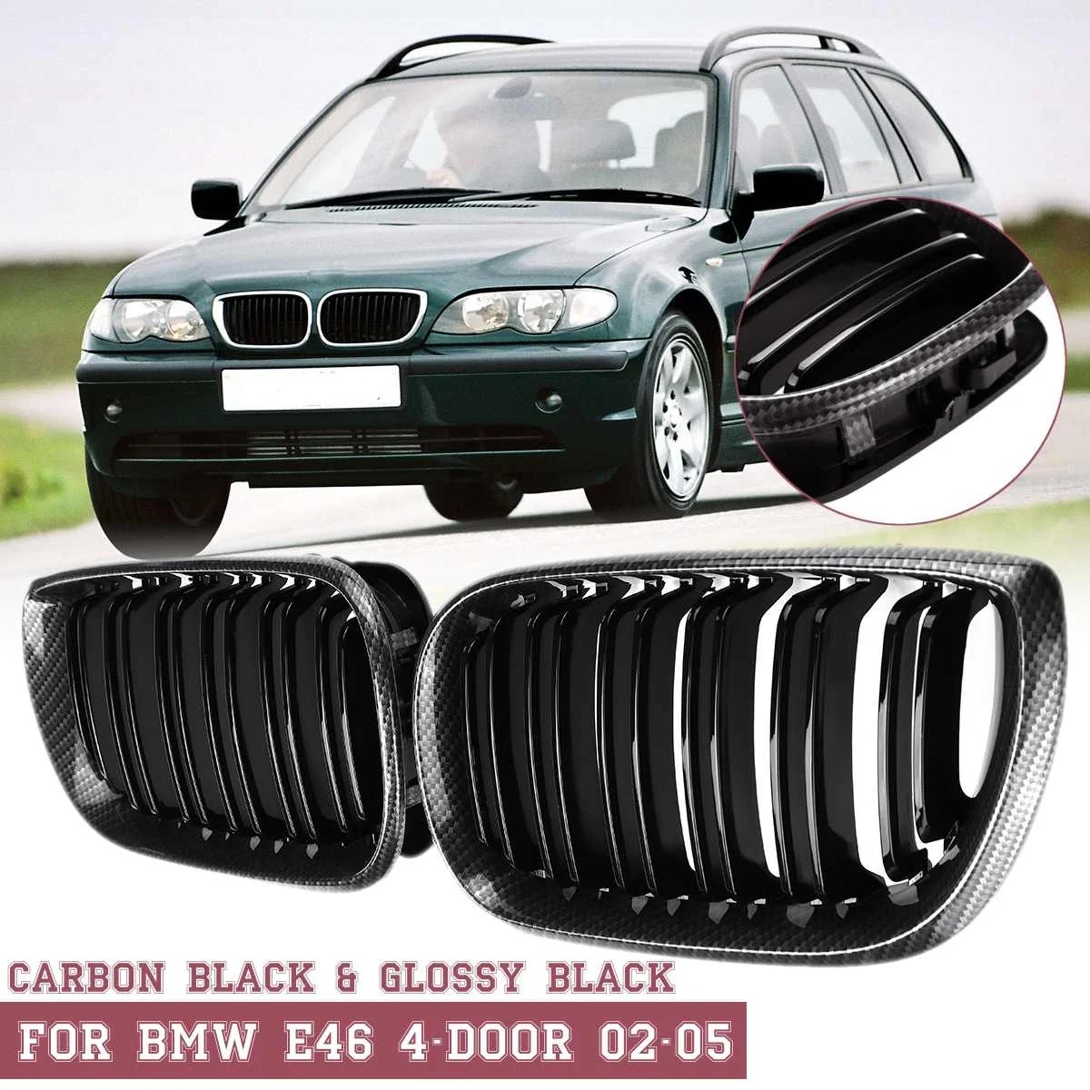 

2 шт., глянцевые черные 2 планки, Двухлинейные Передние решетки для BMW E46, 4 двери, 2002, 2003, 2004, 2005, гоночная решетка