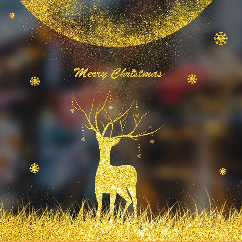 

12 Styles Gold Christmas Tree Santa Claus Elk Snowman Window Stickers New Year Kids Room Wall Decorations