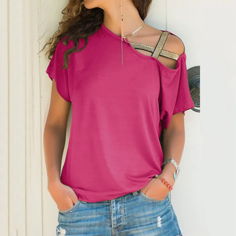 

Women Skew Neck T-Shirt Summer Irregular Criss Cross Short Sleeves Sexy Off Shoulder Solid Tops Blusa Femme One Shoulder Shirt