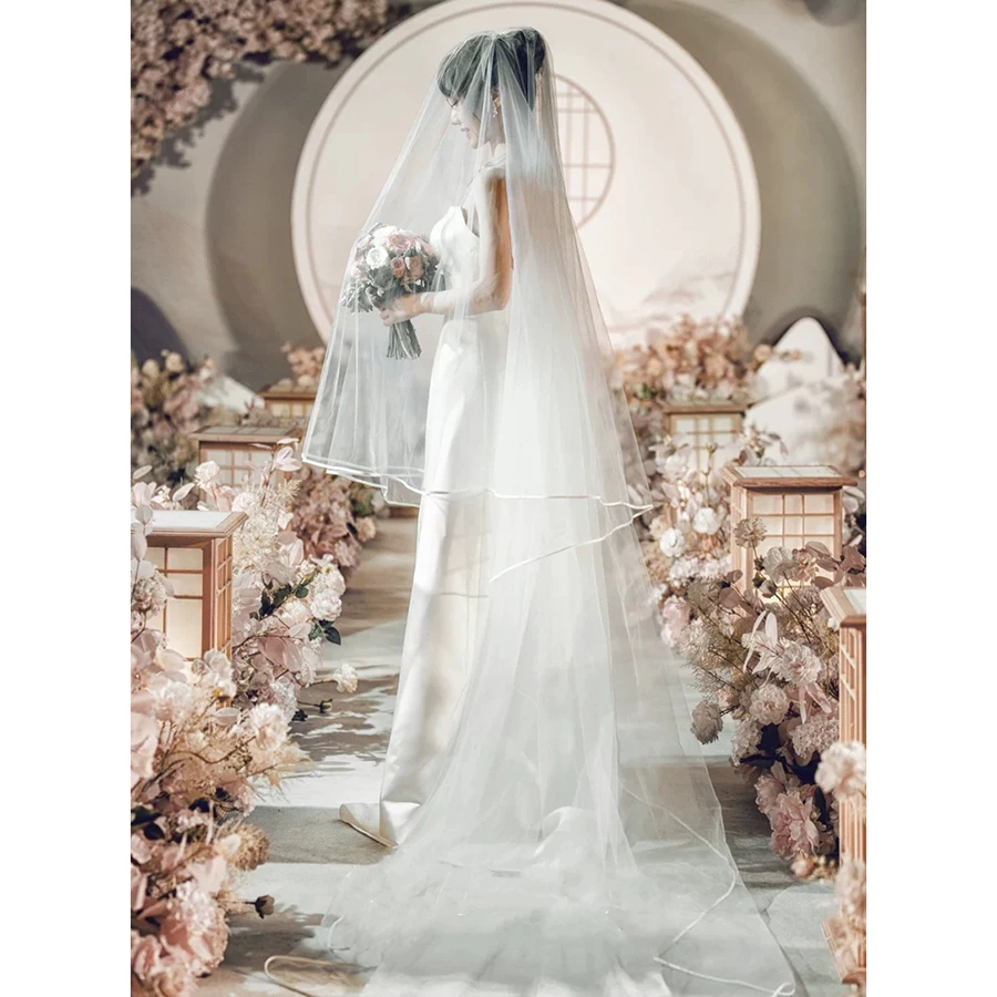 wedding cathedral veils two layers long hard Tulle lvory with ribbon edge bridal face veil Wedding dress accessories comb | Свадьбы и