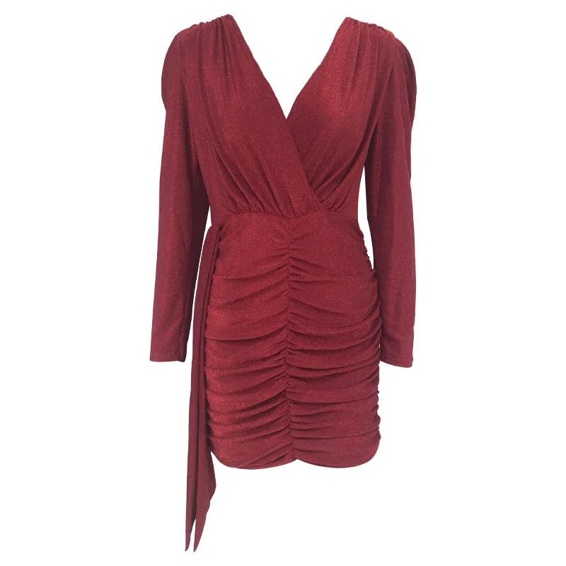 

New Winter Autumn Bodycon Sexy Dresses Women Lace Up Night Club Party Red Black Dresses Low Cut Long Sleeve Sequin Dress BKZ-105