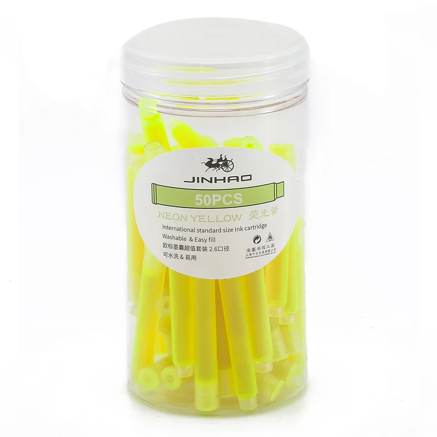 Neon Yellow 50 шт цветные чернильные картриджи, коробка для перьевая ручка Jinhao 2,6 мм, международный стандарт, сменные канцелярские принадлежности для офиса и школы A6612 - Цвет: Neon Yellow