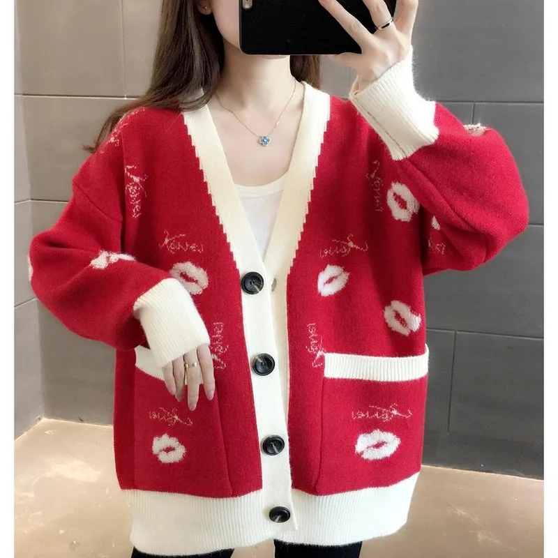 

Autumn Winter V-Neck Knitted Cardigans Women Single Breasted Printed Loose Sweater Female Casual Cardigans Soft Knitwear Y7
