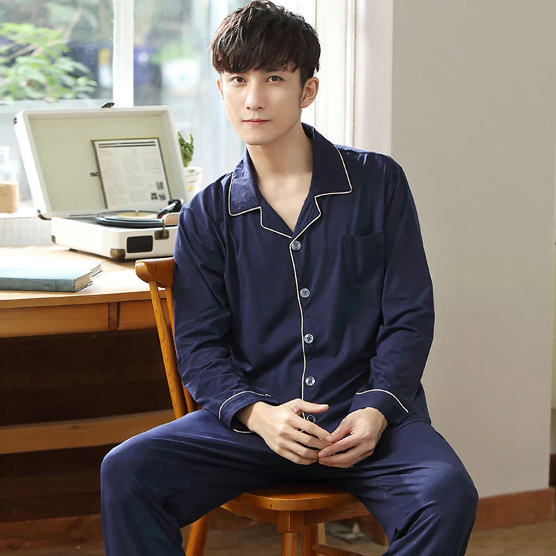 Spring Solid Modal Sleepwear Men Summer Long Sleeves Home Clothes Button-Down Pajamas Set Men Blue Nightwear PJs Pijamas Homme