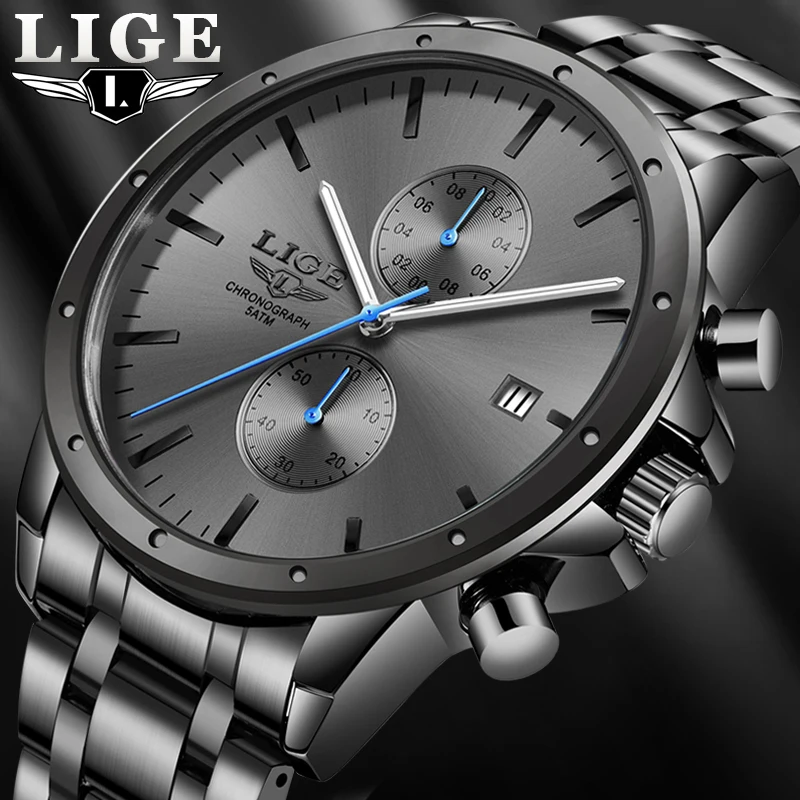 New LIGE Top Brand Luxury Fashion Mens Watches Stainless Steel Chronograph Quartz Watch Men Sport Male Clock Relogio Masculino