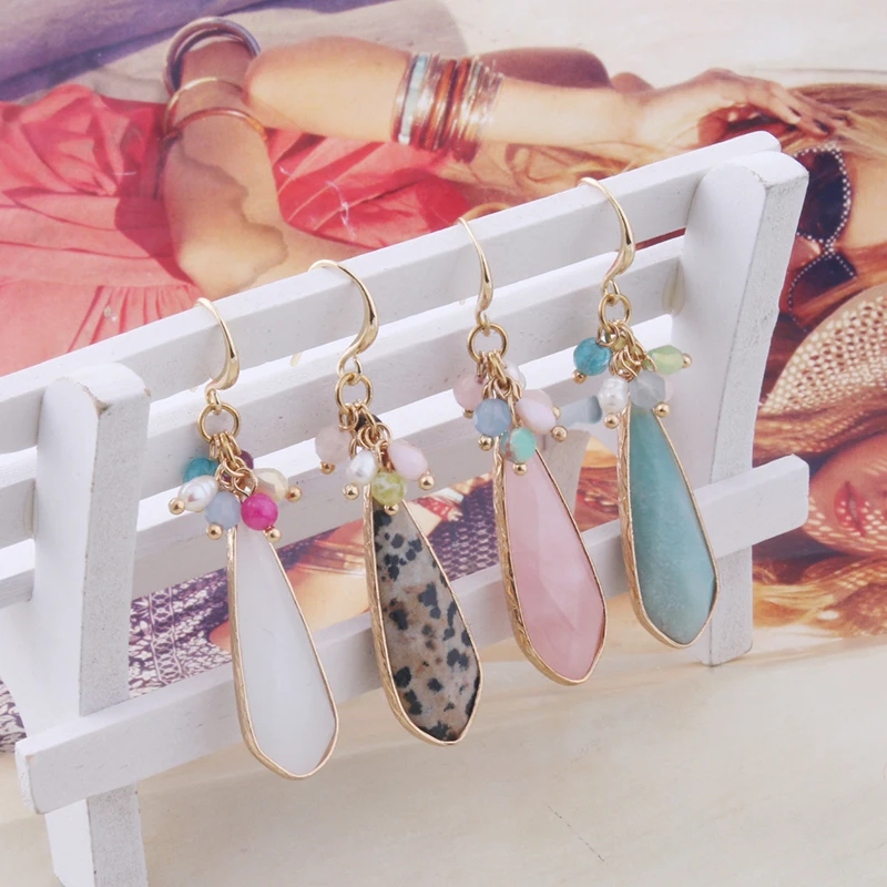 NeeFu WoFu сережки с натуральным камнем в форме капли для женщин розовый кристалл