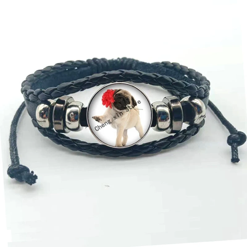 Кожаный браслет со стеклянным куполом ювелирный Мопс с изображением собаки