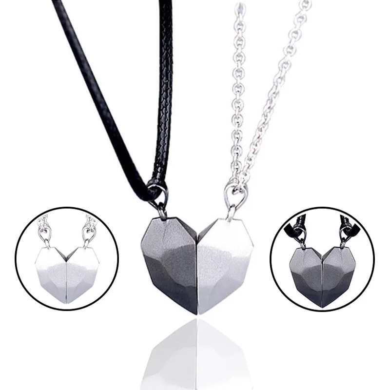 

2Pcs Magnetic Couple Necklace Lovers Heart Pendant Distance Faceted Charm Necklace Women Valentine's Day 2021 Trend