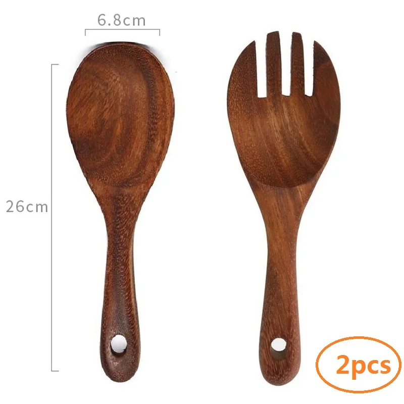Wooden Spoon Fork Set Salad Server Serving Large Kitchen Cooking Soup Ladle Wood ForkWooden Utensils Tableware 8.6'' | Дом и сад