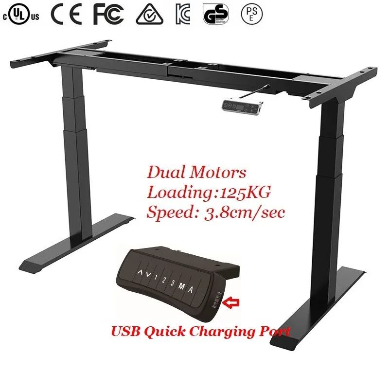 Marco de escritorio de pie de elevación eléctrica de 3 etapas, Motor Dual ajustable de altura de acero pesado de alta gama con ajuste de memoria de altura de puerto USB