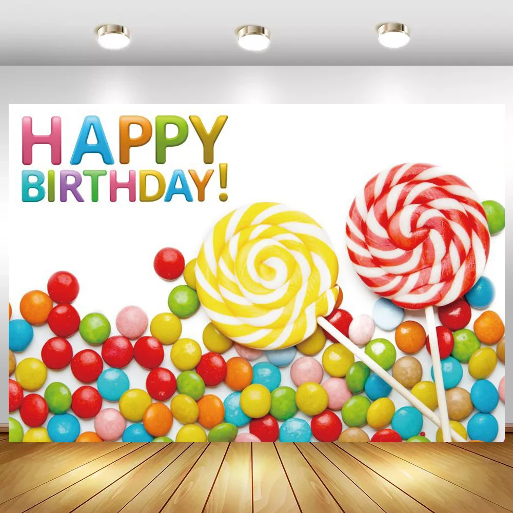 

Happy Birthday Colorful Candy Chocolate Beans Lollipop Theme Backgrounds Children Birthday Sorority Party Backdrops Vinyl