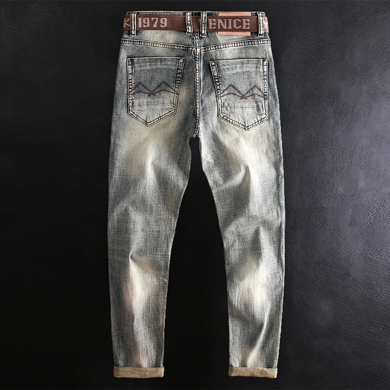 Korean Style Fashion Men Jeans Retro Distressed Elastic Slim Fit Ripped Jeans Men Vintage Designer Casual Denim Pencil Pants