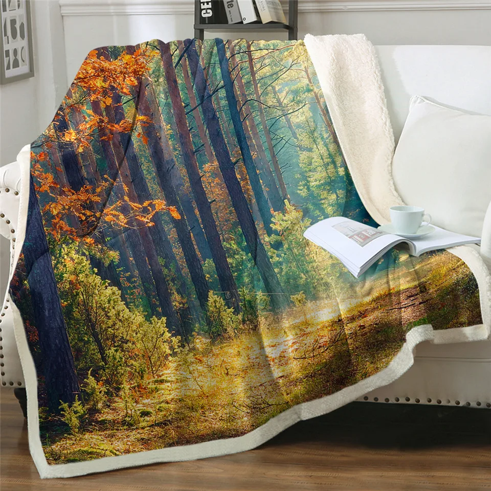 

Fashion Nature Blankets For Bed Autumn Forest Leaf Sherpa Blanket Morning Scenery Mantas Trees Landscape Fashion Blanket