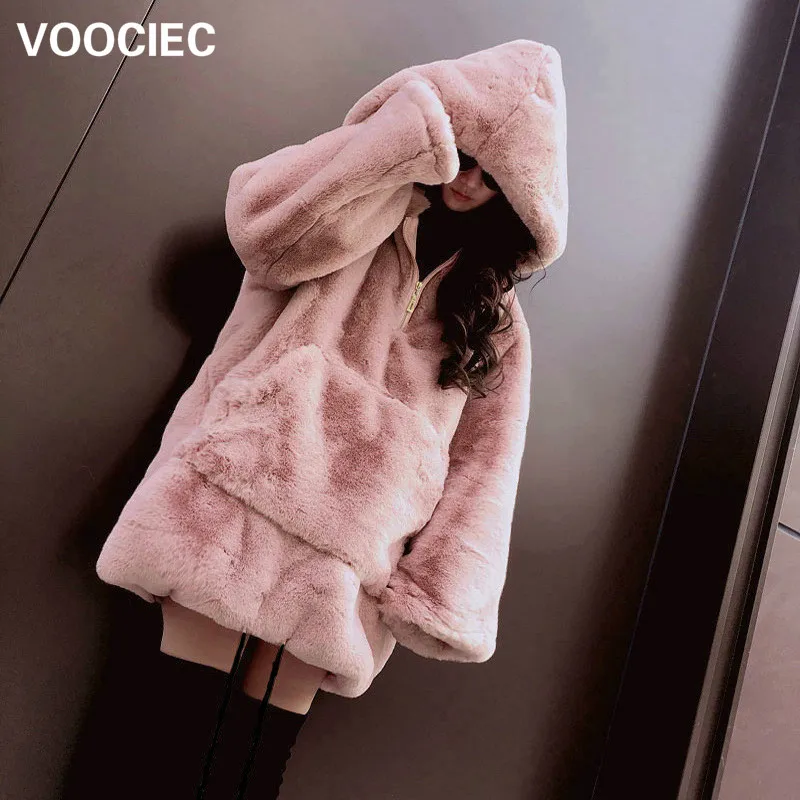

VOOCIEC 2020 New Japanese sweet style Hoodie Fur coat winter warm coat Long coat rainbow fur coat Winter coat Women elegant