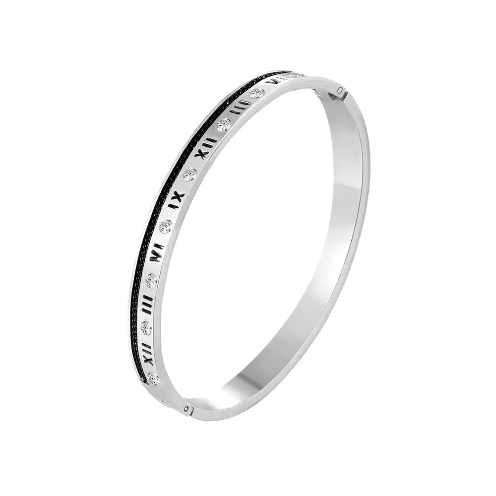 

Luxury CZ Crystal Roman Numerals Bangles & Bracelets Stainless Steel With Black Bangle For Women Men Jewelry