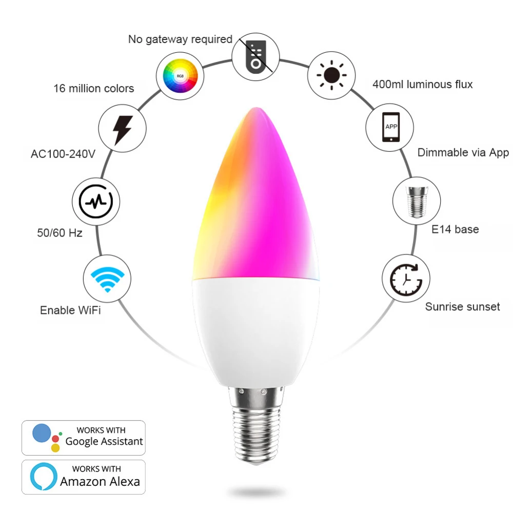 

Tuya E14 LED Bulb Smart Wifi Light Candle Bulbs RGBCW 5W Dimmable Voice Work With Alexa Google Home Smart Life