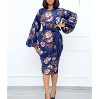 print bodycon dress for women floral puff sleeves with belt spring autumn elegant fashion party prom slim dresses new year 2022