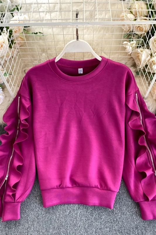 

Fried street sweater women's early spring new design sense niche zipper slit ruffled long-sleeved pullover top trend