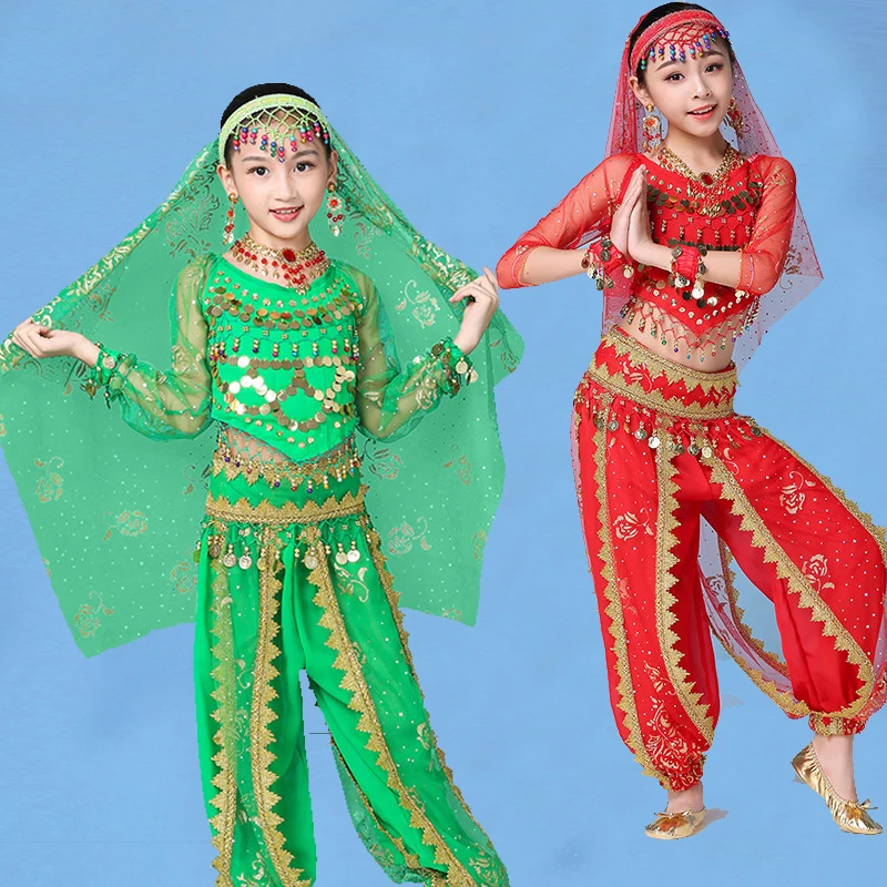 

4Pcs/Set Belly Dance Costume For Children Bollywood Indian Dancing Clothes Oriental Dancing Stage Performance Dance Wear