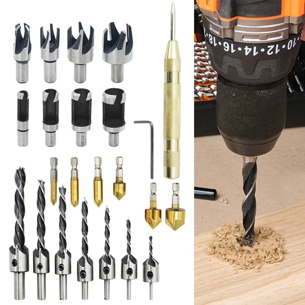 

23pcs Drill Bit Set Wood Plug Cutter Woodworking Chamfer Countersink Carpenter Automatic Center Punch Accessories Durable Reamer