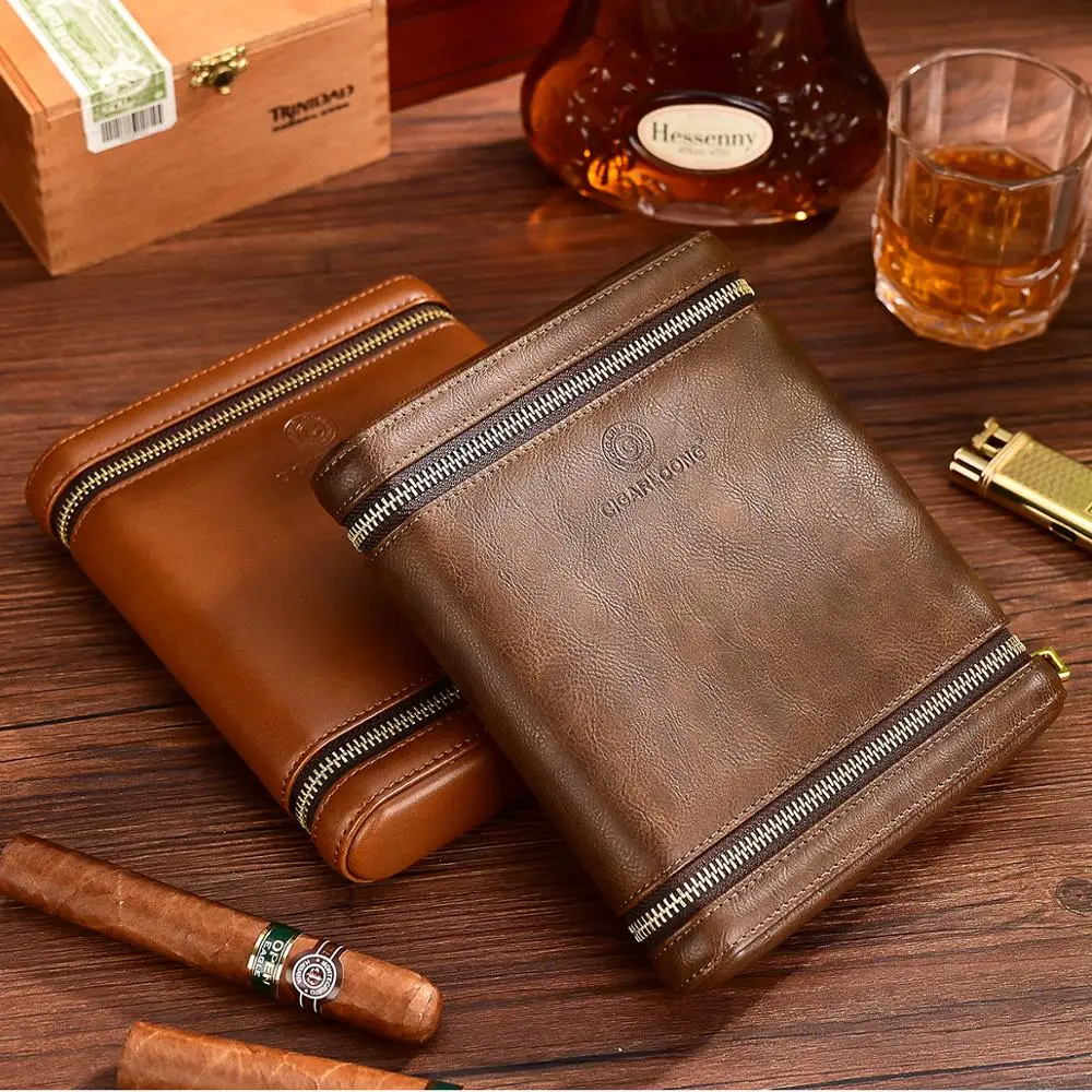 

CIGARLOONG free ship New Travel Cigar Case Mini Humidor Holds 6 Cigars Made by PU Leather and Cedar Wood CP-1020