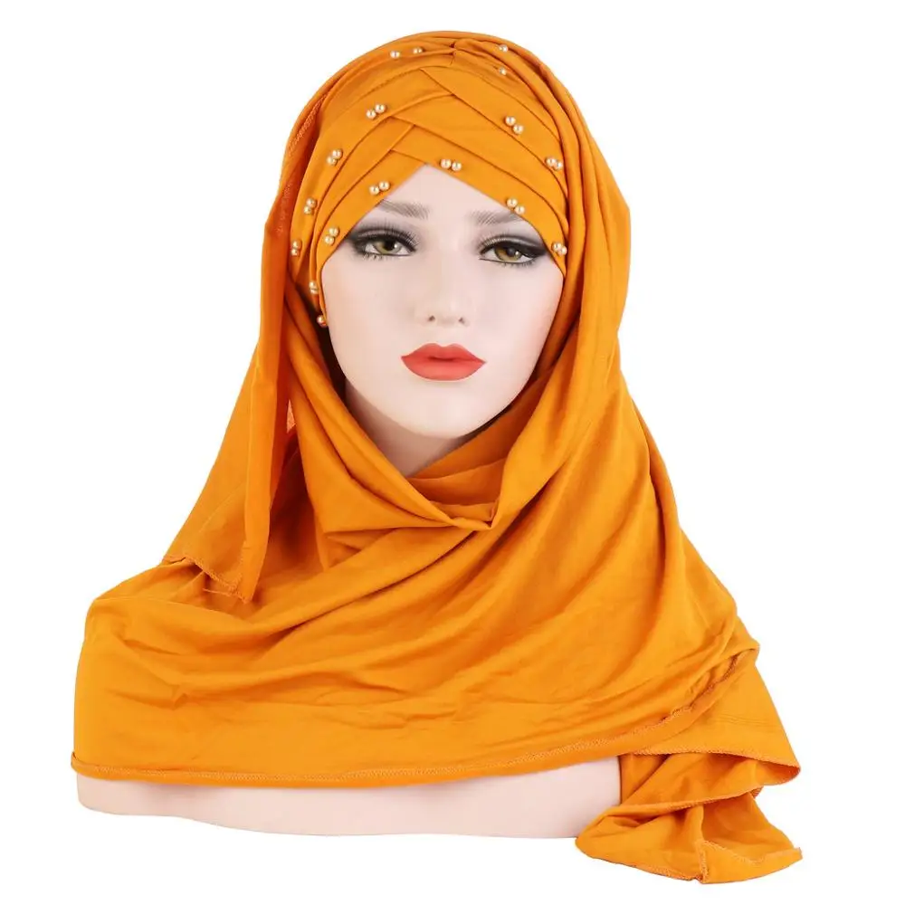 

2019 muslim cotton scarf plain hijabs with bead shawls and wraps femme musulman hijab ready to wear turban women head scarves