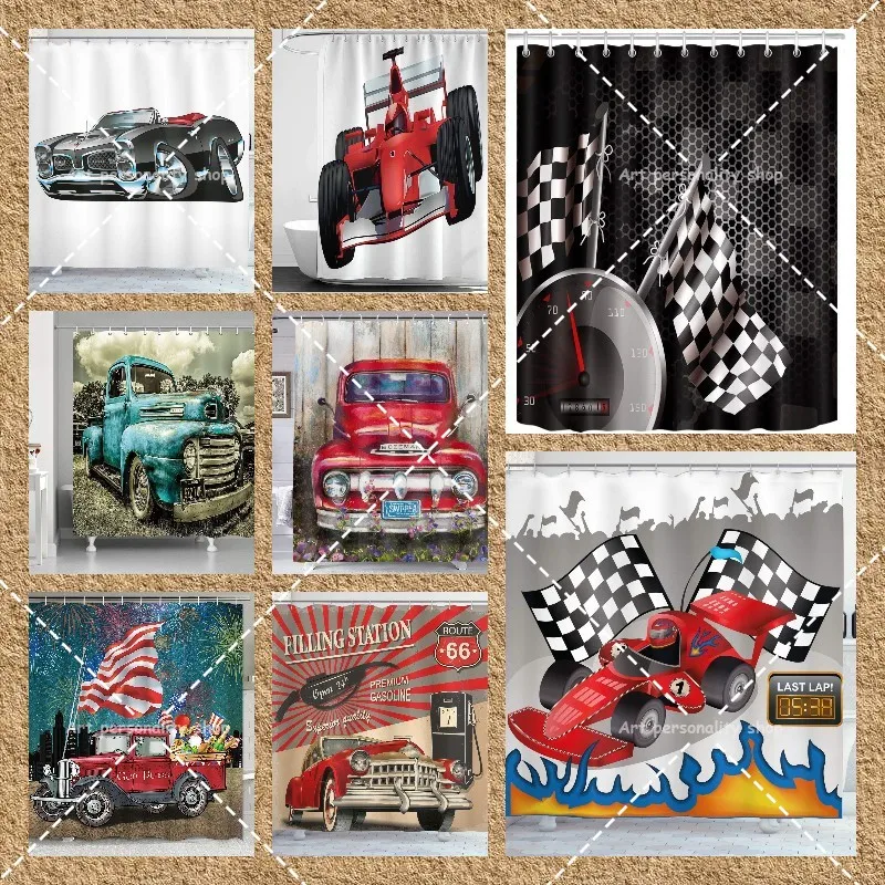 

F1 Cars Shower Curtain Race Car Finish Line Flags Pilot Abstract Plain Background Print Bathroom Decor Set with Hooks Bath Decor