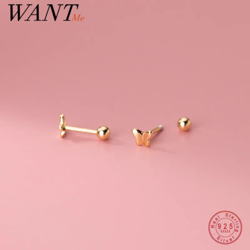 

WANTME 925 Sterling Silver Minimalism Cute Insect Butterfly Mini Small Bead Stud Earrings Teen Girls Party Chic Piercing Jewelry