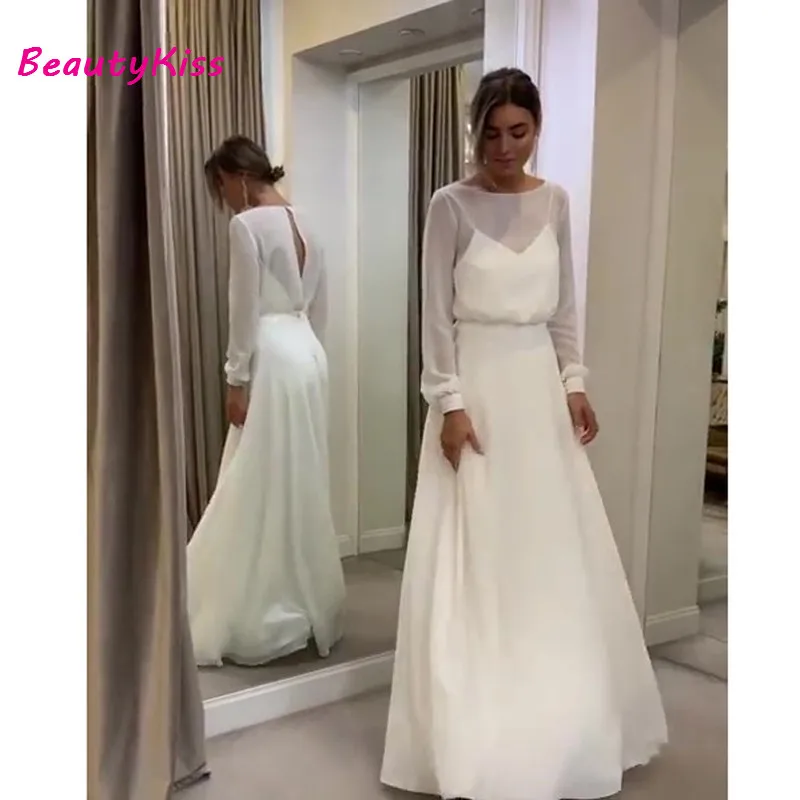 

Богемное простое свадебное платье с длинным рукавом, а-силуэт, открытая спина, женское искусственное изготовление на заказ