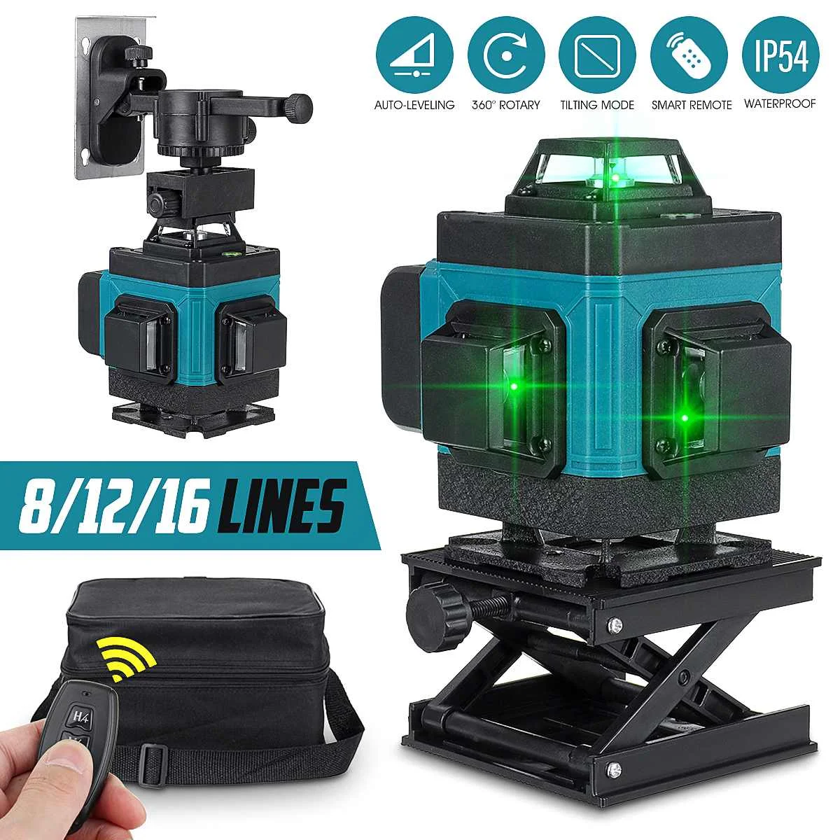 3D 4D Cross Line Self-leveling Laser Level 8 12 16 lines Super Powerful Green Beam Li-ion Battery with Storage Box Carry Case |