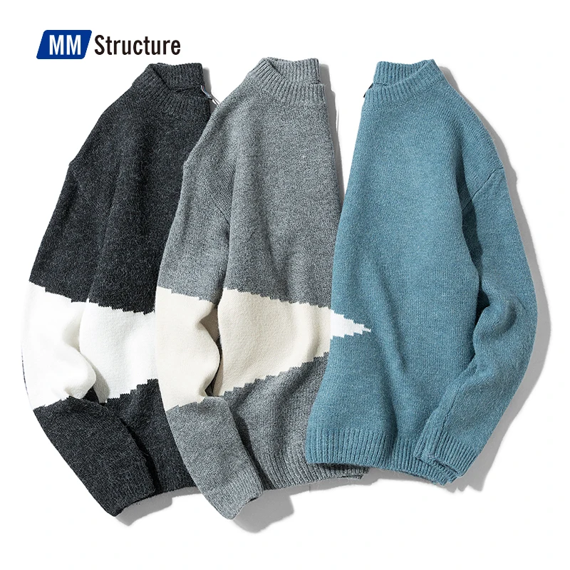 Мужской шерстяной вязаный свитер в стиле пэчворк зимняя уличная одежда