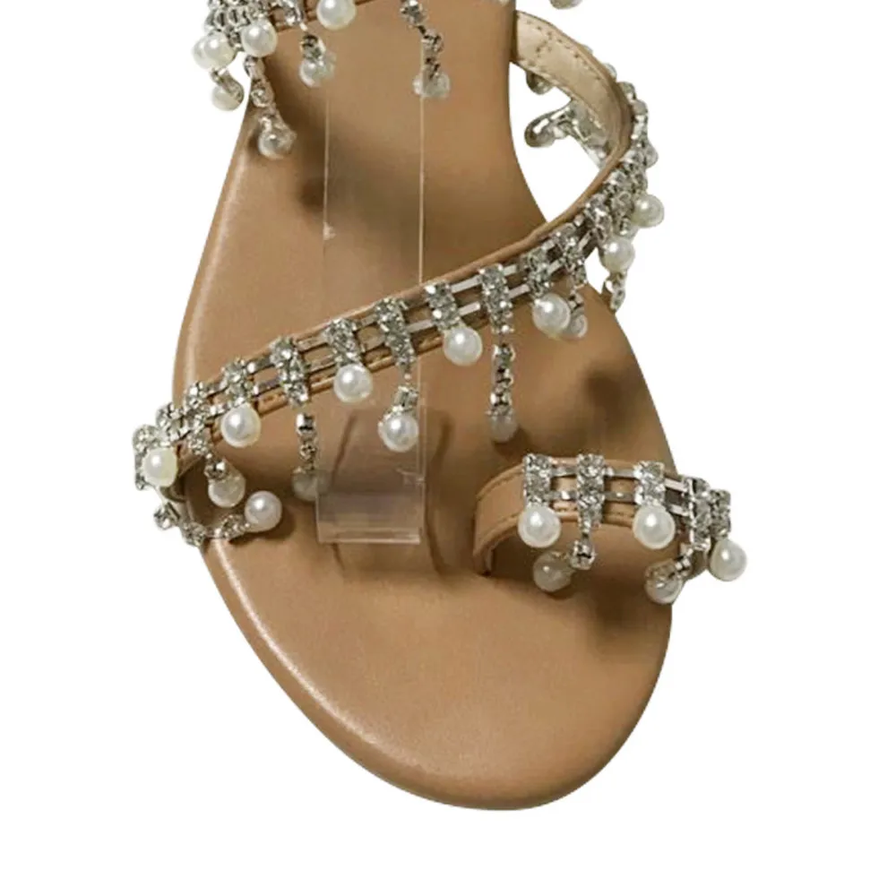 

Sandals luxury style pearl slip on women sandals beading fringed lady flats shoes clip-toe flip-flops rome shoes #25