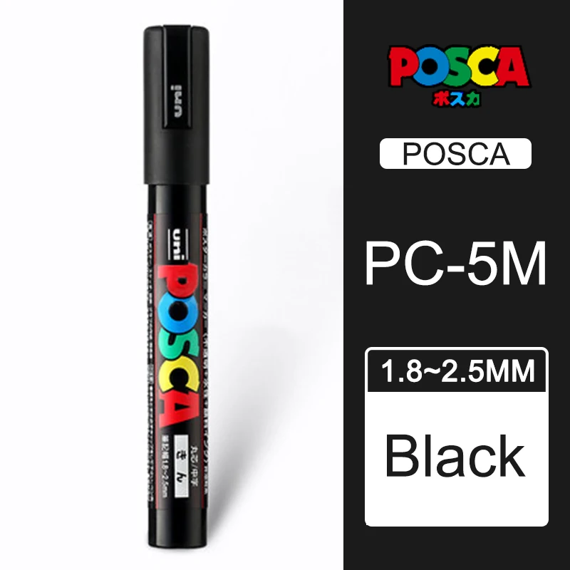 1 шт., японские PC-5M маркеры для рисования Uni Posca, средний наконечник, 1,8 мм-2,5 мм, 17 цветов, для школы, офиса, художественного маркера - Цвет: Black