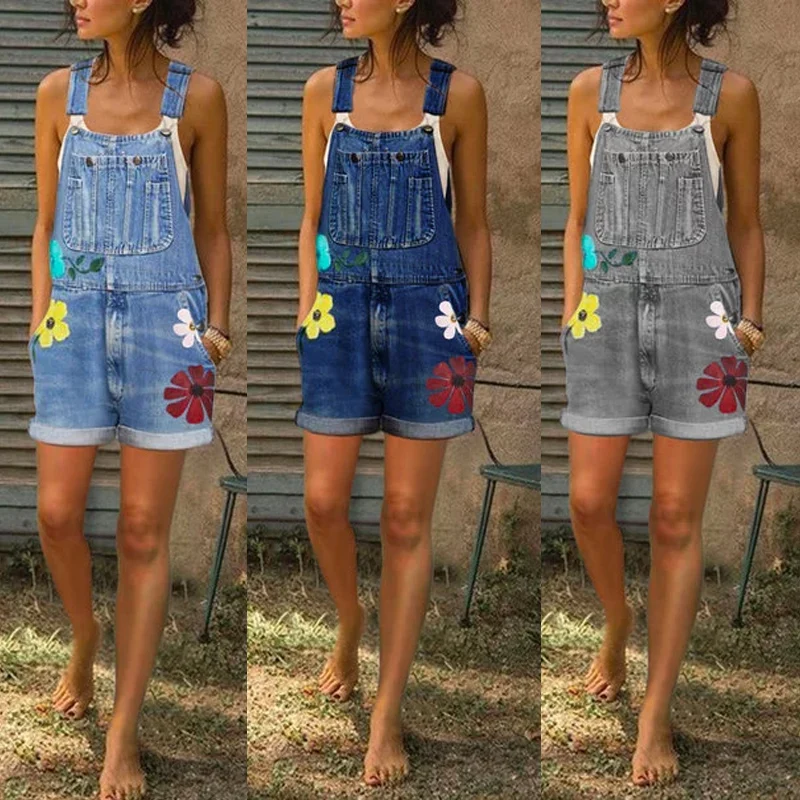 

Tooling jeans women's slim Jumpsuit 2021 spring and summer new women's suspender shorts work clothes Street printed casual Jumps